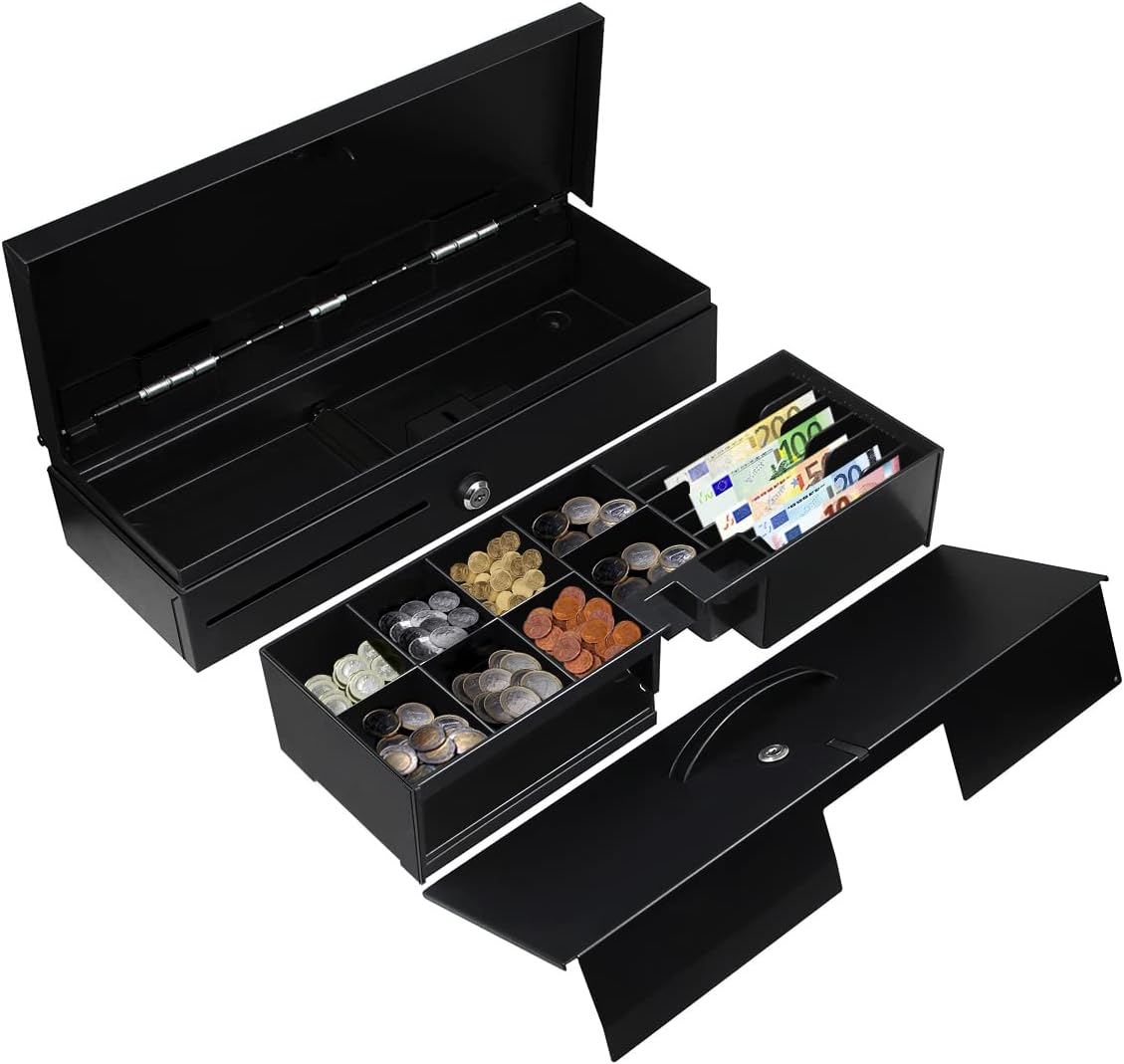 Registrierkasse Schublade 12V/24V Kassenschublade Kasse Kassenlade Geldlade für POS-Belegdrucker System, mit RJ11-Schnittstelle, 6 Banknoten und 8 Münzen