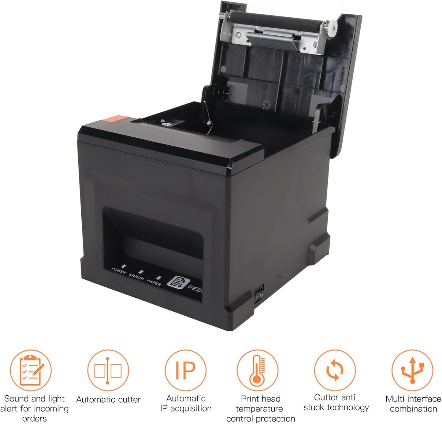 Thermo POS Drucker, 80mm Direkt Thermo Belegdrucker mit Automatischer Schneidevorrichtung, USB Restaurantküchendrucker mit LAN Anschluss,