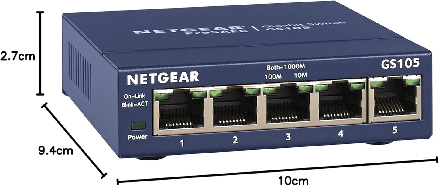 NETGEAR GS105GE LAN Switch 5 Port Netzwerk Switch (Plug-and-Play Gigabit Switch LAN Splitter, LAN Verteiler, Ethernet Hub, lüfterloses Metallgehäuse