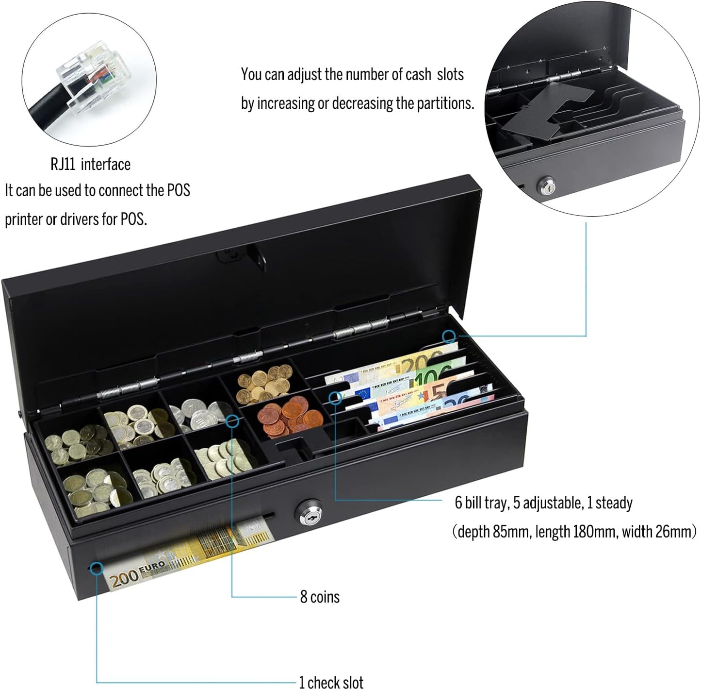Registrierkasse Schublade 12V/24V Kassenschublade Kasse Kassenlade Geldlade für POS-Belegdrucker System, mit RJ11-Schnittstelle, 6 Banknoten und 8 Münzen
