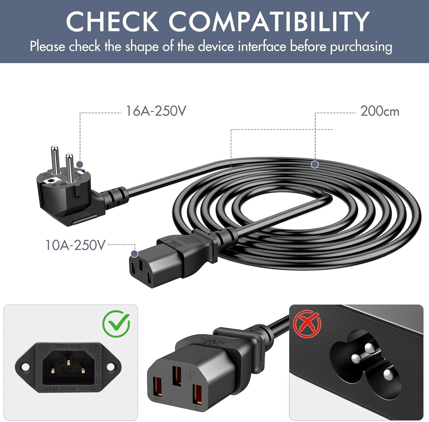 Kaltgerätekabel 2M PC Stromkabel Netzkabel Power Cable für Computer Monitor Bildschirm LG Vizio TV Epson Drucker Beamer ION Pathfinder Guitar Amp Sprecher IEC C13 Buchse Kaltgerätebuchse Schwarz