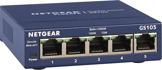 NETGEAR GS105GE LAN Switch 5 Port Netzwerk Switch (Plug-and-Play Gigabit Switch LAN Splitter, LAN Verteiler, Ethernet Hub, lüfterloses Metallgehäuse