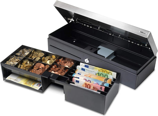 Safescan SD-4617S Klappdeckel-Kassenlade mit 6 Fächern für Banknoten und 8 für Münzen - Kassenlade mit RJ-12 Anschluss (z.B. Registrierkasse) - Solide Kassenlade von 46 x 17 x 10 cm