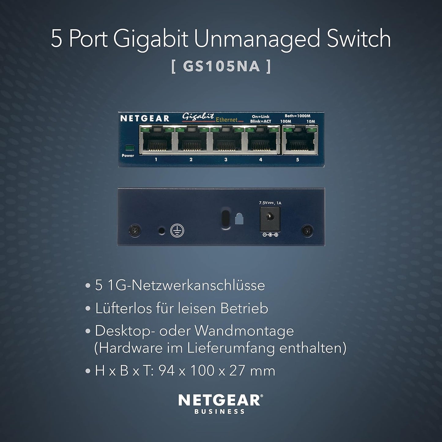 NETGEAR GS105GE LAN Switch 5 Port Netzwerk Switch (Plug-and-Play Gigabit Switch LAN Splitter, LAN Verteiler, Ethernet Hub, lüfterloses Metallgehäuse
